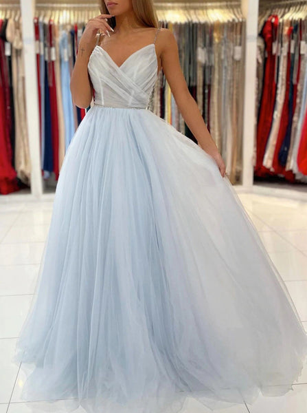 Light Sky Blue Tulle Prom Dress,Pleated Prom Dress Spaghetti Straps,PD00553