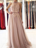 Dusty Pink Tulle Prom Dress,High Neck Floral Lace Appliques Formal Gown,PD00554