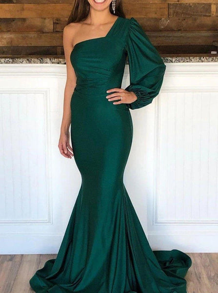 One Sleeve Mermaid Dress,Emerald Prom Dress,PD00556
