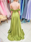 Sage Green Off the Shoulder Long Party Dress,High Slit Prom Dress,PD00557