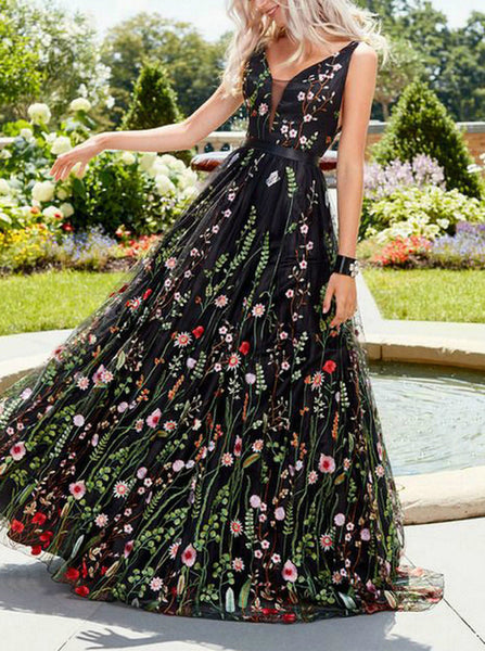 Black Prom Dress,V Back Floral Embroidered Tulle Prom Dress,PD00559