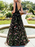 Black Prom Dress,V Back Floral Embroidered Tulle Prom Dress,PD00559