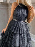 Black Halter Neckline Prom Dress,Layered Skirt Tulle Dress,PD00565