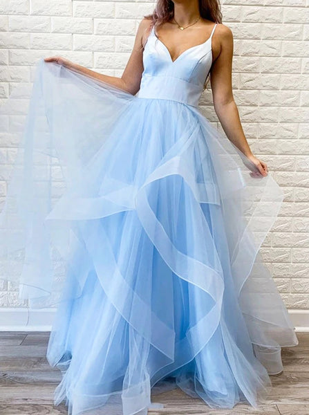 SkyBlue Ruffle Prom Dress,Long Party Dress with Spaghetti Straps,PD00568
