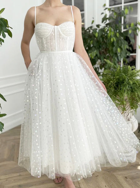 White Tea Length Prom Dress,Dot Tulle Homecoming Dress,PD00570