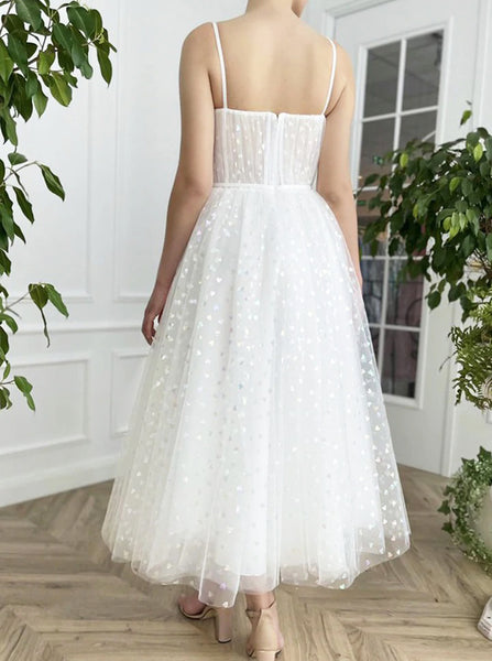 White Tea Length Prom Dress,Dot Tulle Homecoming Dress,PD00570