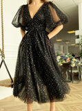 Black Sequin Tea Length Prom Dress,Homecoming Dress with Short Sleeves,PD00571