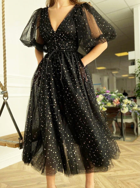 Black Sequin Tea Length Prom Dress,Homecoming Dress with Short Sleeves,PD00571