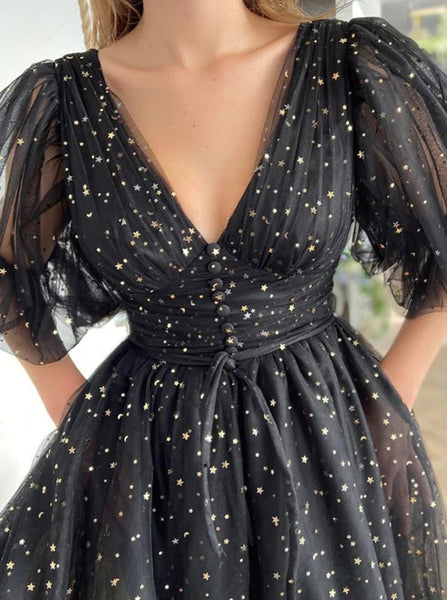 Black Sequin Tea Length Prom Dress,Homecoming Dress with Short Sleeves,PD00571