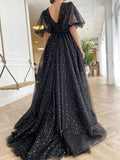 Black Long Party Dress with Puff Sleeves,Sequin Prom Dress with Slit,PD00572