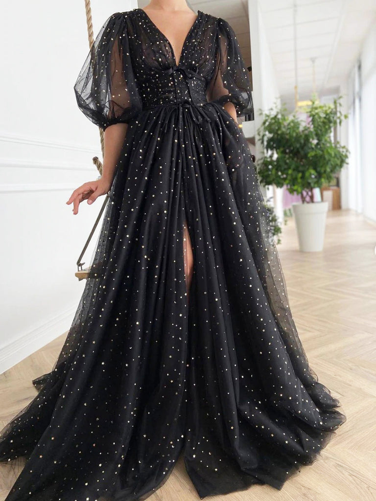 Black Long Party Dress with Puff Sleeves,Sequin Prom Dress with Slit,PD00572, US16W / Black Black Long Party Dress with Puff Sleeves,Sequin Prom Dress with Slit,PD00572, US16W / Black