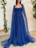 Royal Blue Formal Prom Dress,Sequin Long Party Dress with Shoulder Capes,PD00573