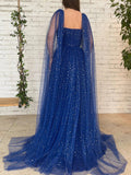 Royal Blue Formal Prom Dress,Sequin Long Party Dress with Shoulder Capes,PD00573