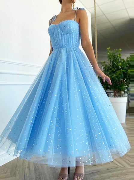 Blue Tea Length Homecoming Dress,Sequin Tulle Prom Dress with Spaghetti Straps,PD00574