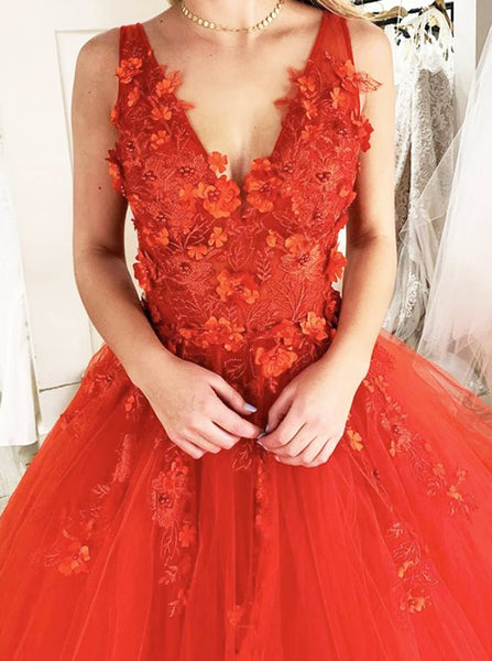 Orange Ball Gown Prom Dress,Floral Appliques Dress,PD00577