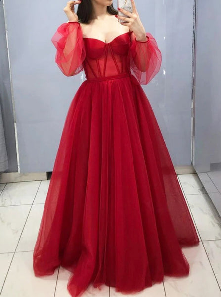 Red Off the Shoulder Prom Dress,Long Sleeves A-line Prom Dress,PD00578