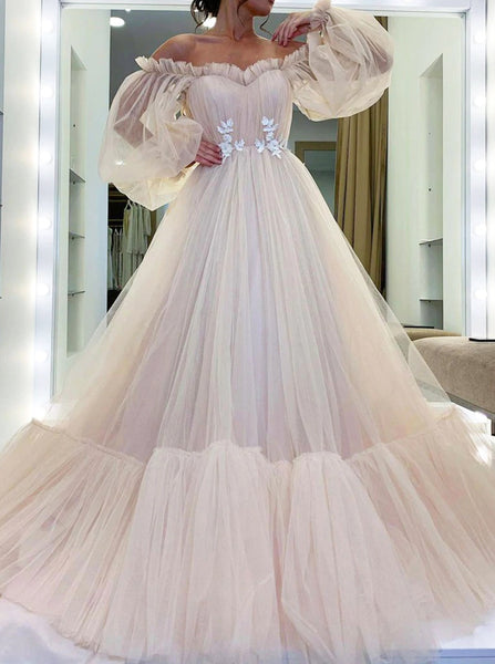 Off the Shoulder Prom Gown,Floral Waist Tulle Dress With Long Sleeves,PD00581