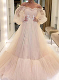 Off the Shoulder Prom Gown,Floral Waist Tulle Dress With Long Sleeves,PD00581