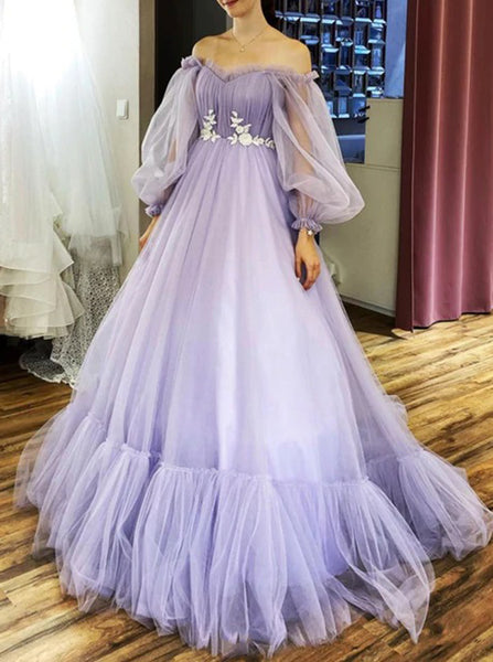 Off the Shoulder Prom Gown,Floral Waist Tulle Dress With Long Sleeves,PD00581