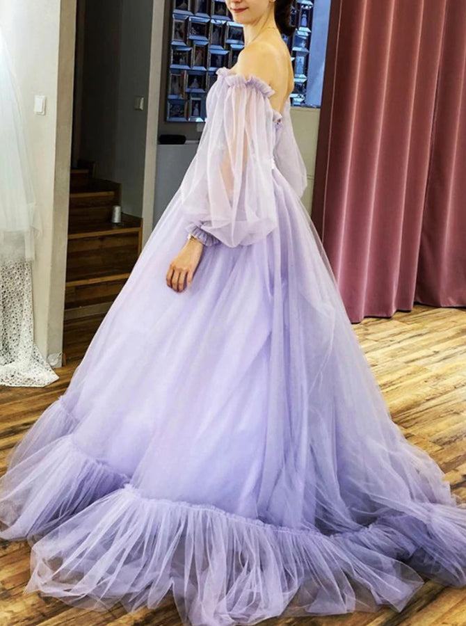 Off the Shoulder Prom Gown,Floral Waist Tulle Dress With Long Sleeves, - Wishingdress Off the Shoulder Prom Gown,Floral Waist Tulle Dress With Long Sleeves, - Wishingdress