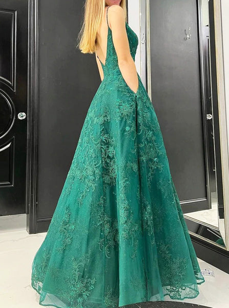 Emerald A-line Prom Dress with Pockets,Lace Prom Dress,PD00582