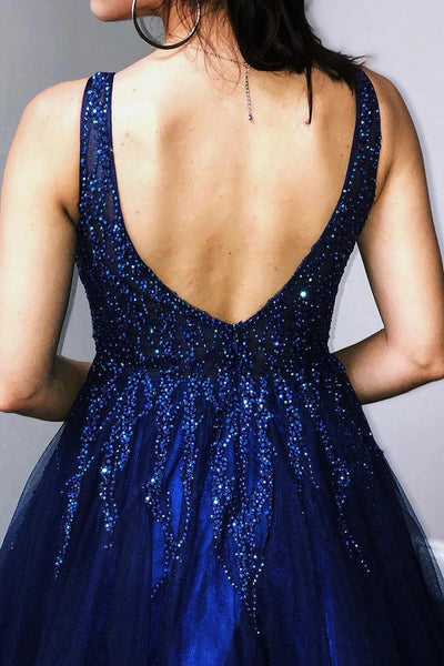 Navy Blue Prom Gown,Gorgeous Beaded Tulle Formal Gown,PD00583