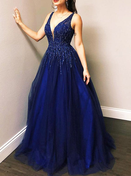 Navy Blue Prom Gown,Gorgeous Beaded Tulle Formal Gown,PD00583