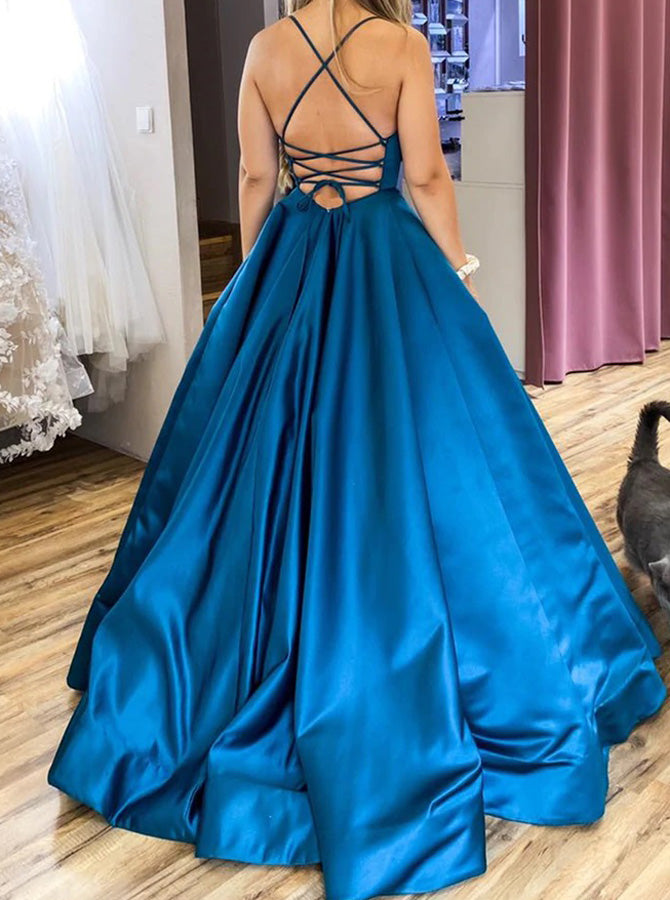 Peacock Blue Satin Prom Dress,Strappy Back with Pockets Prom Gown,PD00