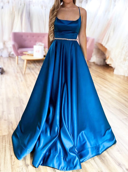 Peacock Blue Satin Prom Dress,Strappy Back with Pockets Prom Gown,PD00586