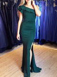 Dark Green One Shoulder Evening Dress,Prom Dress with Slit,PD00591