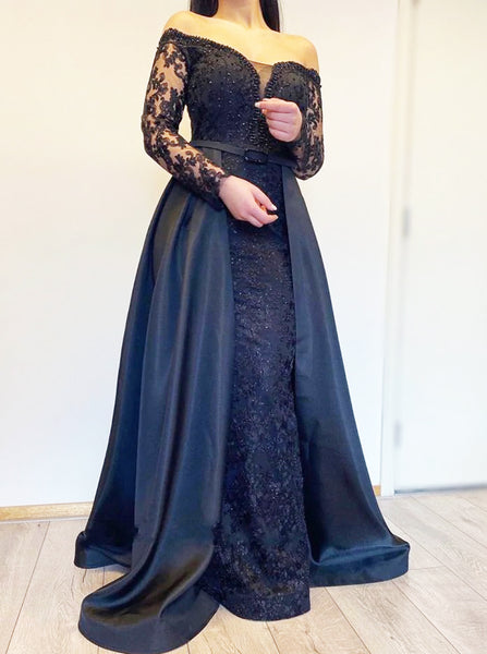 Black Lace Evening Dress with Overskirt,Long Sleeves Off the Shoulder Party Dress,PD00594