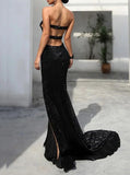 Black Slit Strapless Dress,Backless Sequin Dress,PD00596