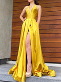 Yellow A-line Satin Prom Dress,Halter Neckline Evening Dress with Slit,PD00597