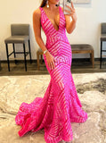 Fitted Sequin Evening Dress,Plunging Neckline Prom Gown,PD00599