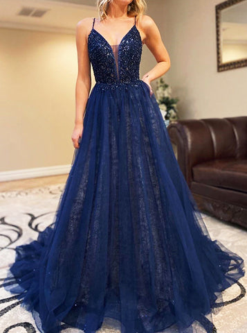 A-line Dark Navy Prom Dress,Plunging Neckline Formal Dress,PD00601