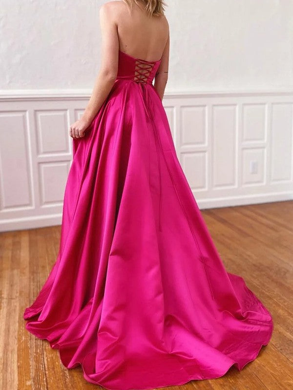 Fuchsia A-line Prom Dress,Satin Strapless Prom Dress with Pockets,PD00