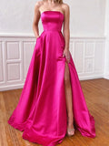 Fuchsia A-line Prom Dress,Satin Strapless Prom Dress with Pockets,PD00603