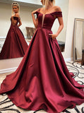 Burgundy A-line Satin Prom Dress,Off the Shoulder Prom Dress,PD00604