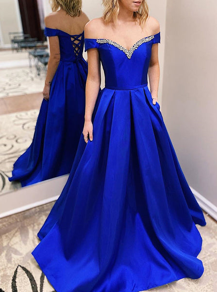 Royal Blue Off the Shoulder Prom Dress,A-line Satin Prom Dress,PD00605