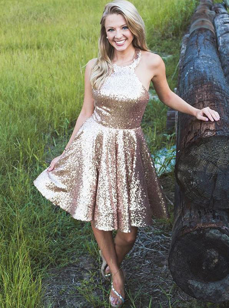 Sequined Homecoming Dresses,Halter Homecoming Dress,Short Cocktail Dress,HC00017