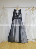 Black Wedding Gown,Ball Gown Wedding Dresses,Wedding Dress with Sleeves,Tulle Bridal Gown,WD00072