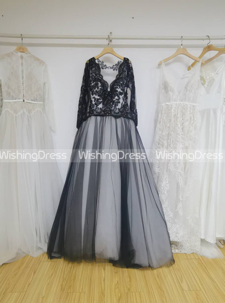 Black Wedding Gown,Ball Gown Wedding Dresses,Wedding Dress with Sleeves,Tulle Bridal Gown,WD00072