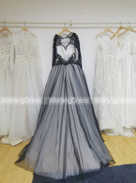 Black Wedding Gown,Ball Gown Wedding Dresses,Wedding Dress with Sleeves,Tulle Bridal Gown,WD00072