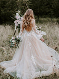 Princess Wedding Dress with Illusion Sleeves,Tulle Outdoor Wedding Dress,WD00451