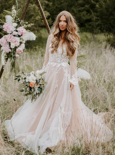 Princess Wedding Dress with Illusion Sleeves,Tulle Outdoor Wedding Dress,WD00451