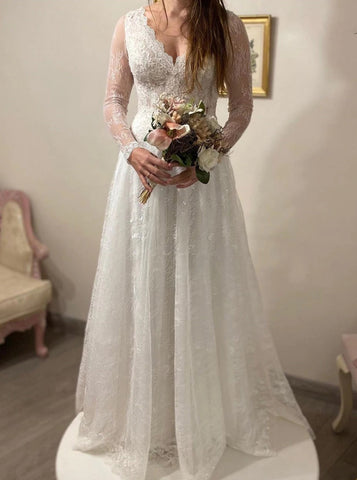 A-line Lace Wedding Dress,Long Sleeves V-neck Bridal Dress,WD00662