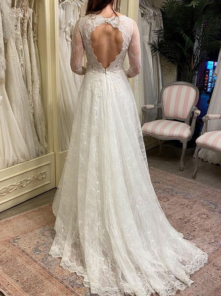 A-line Lace Wedding Dress,Long Sleeves V-neck Bridal Dress,WD00662