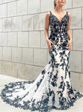 Mermaid Black Lace Wedding Dress,V-neck Bridal Gown,WD00664