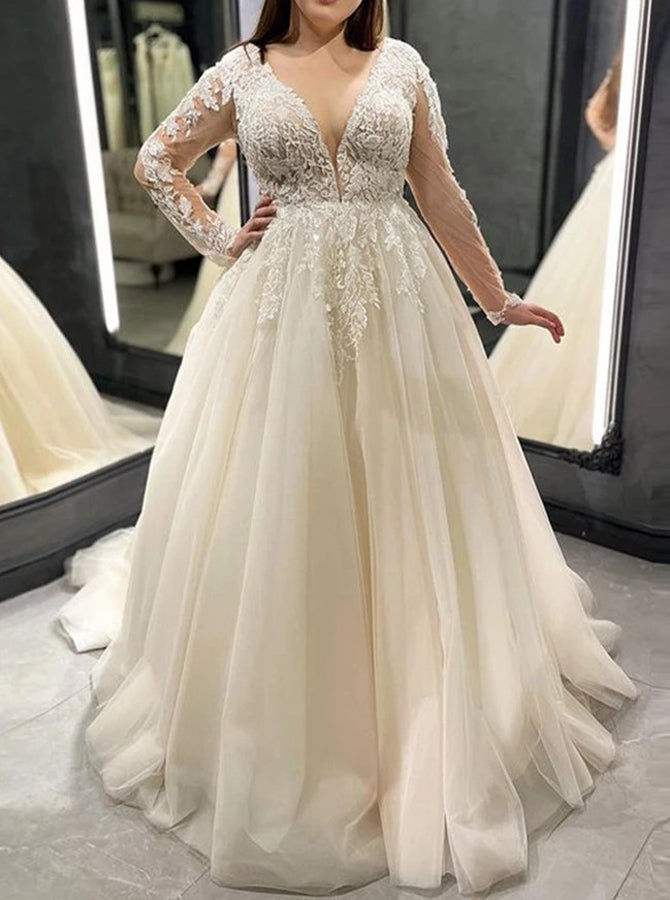 Plus Size Long Sleeves Wedding Dress,Gorgeous Lace Up Back Bridal Dres