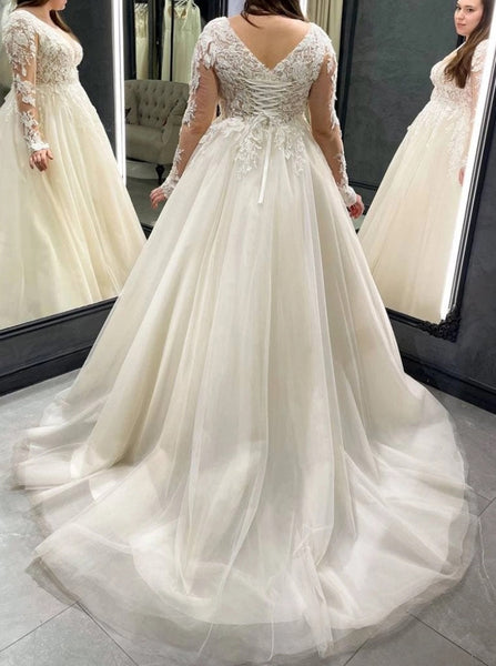 Plus Size Long Sleeves Wedding Dress,Gorgeous Lace Up Back Bridal Dress,WD00672